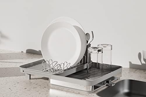 Alta by Auggie Chino Expandable Dish Drying Rack with Drainage Spout, Stainless Steel, Movable Utensil Drainer, (Black)