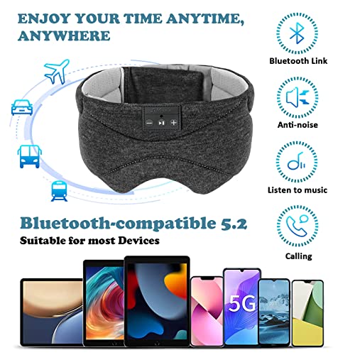 Sleep Mask with Bluetooth Headphones 24 White Noise, Ultra-Thin Speaker Cold Pack Blackout Bluetooth Eye Mask Sleep Headphones for Side Sleepers, Airplane, Travel, Cool Gadgets for Women Man (Black)