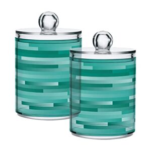 wellday apothecary jars bathroom storage organizer with lid - 14 oz qtip holder storage canister, teal wood clear plastic jar for cotton swab, cotton ball, floss picks, makeup sponges,hair clips (2 pa