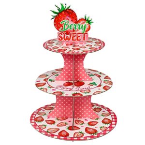 strawberry cupcake stand - berry sweet birthday party decorations, 3 tier round strawberry themed dessert tower stand, cupcake holder stand for sweet one birthday party decorations
