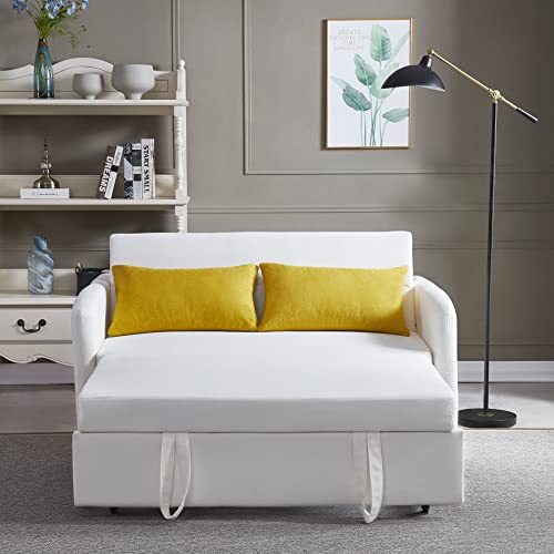 MOEO Modern Velvet Convertible Loveseat Sleeper Sofa with Adjustable Backrest, Pull Out Bed w/Arms & 2 Lumbar Pillows, 2 Seat Corner Couch Living Room & Apartment, White