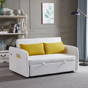 moeo modern velvet convertible loveseat sleeper sofa with adjustable backrest, pull out bed w/arms & 2 lumbar pillows, 2 seat corner couch living room & apartment, white