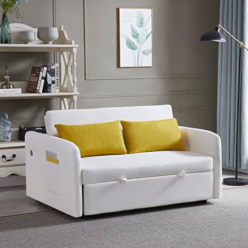 MOEO Modern Velvet Convertible Loveseat Sleeper Sofa with Adjustable Backrest, Pull Out Bed w/Arms & 2 Lumbar Pillows, 2 Seat Corner Couch Living Room & Apartment, White