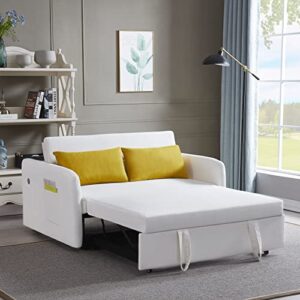 MOEO Modern Velvet Convertible Loveseat Sleeper Sofa with Adjustable Backrest, Pull Out Bed w/Arms & 2 Lumbar Pillows, 2 Seat Corner Couch Living Room & Apartment, White