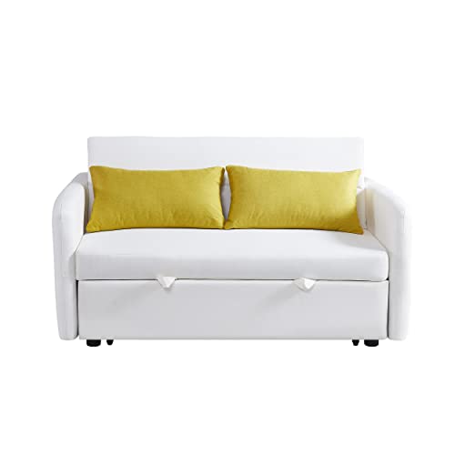 MOEO Modern Velvet Convertible Loveseat Sleeper Sofa with Adjustable Backrest, Pull Out Bed w/Arms & 2 Lumbar Pillows, 2 Seat Corner Couch Living Room & Apartment, White