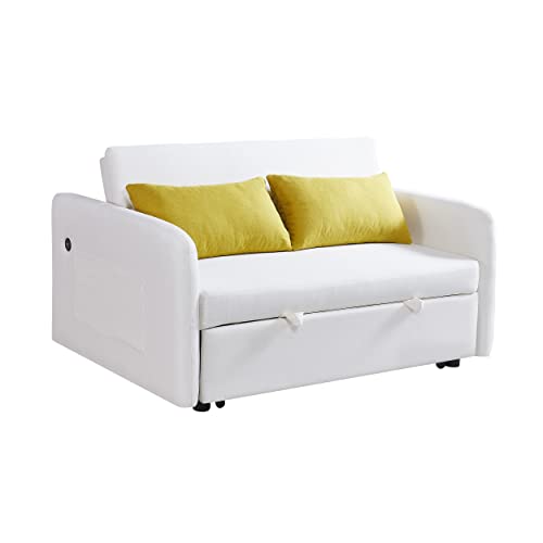 MOEO Modern Velvet Convertible Loveseat Sleeper Sofa with Adjustable Backrest, Pull Out Bed w/Arms & 2 Lumbar Pillows, 2 Seat Corner Couch Living Room & Apartment, White