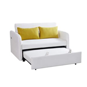 MOEO Modern Velvet Convertible Loveseat Sleeper Sofa with Adjustable Backrest, Pull Out Bed w/Arms & 2 Lumbar Pillows, 2 Seat Corner Couch Living Room & Apartment, White