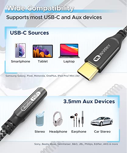 Warrky USB C to 3.5mm Audio Headphone Adapter【Flawless 24bit Hi-Res Sound Quality】 Type-C to Headphone Jack Compatible with Samsung Galaxy S22/S21/S20 Plus, Pixel 6/5/4, iPad Pro, Motorola-Black