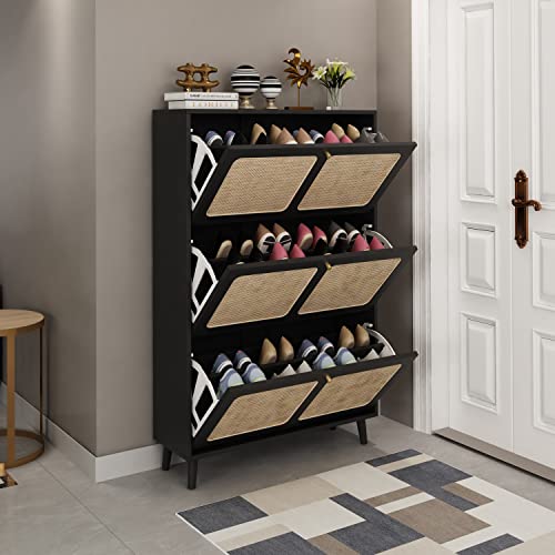 RARZOE Rattan Shoe Cabinet, 24 Pairs Shoe Storage Cabinets with 3 Rattan Decorated Flip Drawers, Freestanding 3 Tier Wood Shoe Racks Organizer for Bedroom Entryway Hallway Corridor, Black