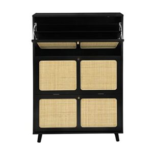 RARZOE Rattan Shoe Cabinet, 24 Pairs Shoe Storage Cabinets with 3 Rattan Decorated Flip Drawers, Freestanding 3 Tier Wood Shoe Racks Organizer for Bedroom Entryway Hallway Corridor, Black