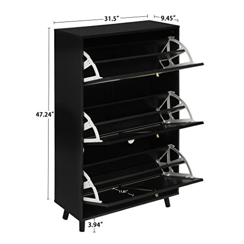 RARZOE Rattan Shoe Cabinet, 24 Pairs Shoe Storage Cabinets with 3 Rattan Decorated Flip Drawers, Freestanding 3 Tier Wood Shoe Racks Organizer for Bedroom Entryway Hallway Corridor, Black