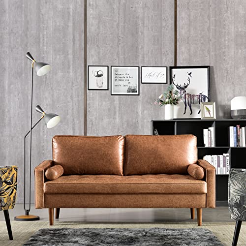 XIZZI Rivet Aiden Mid-Century Faux Leather Loveseat Sofa with Wood Grain Legs for Living Room,69.68" W Brown