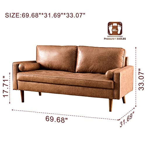 XIZZI Rivet Aiden Mid-Century Faux Leather Loveseat Sofa with Wood Grain Legs for Living Room,69.68" W Brown