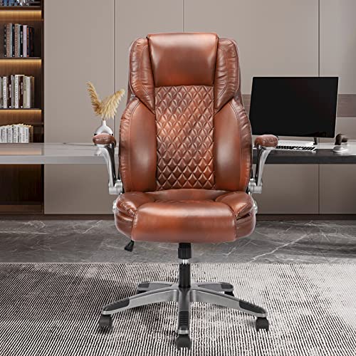 High Back Office Chair- Flip Arms Adjustable Leather Support Task Home Desk Chairs, Executive Computer Desk Chair Work Chairs, Thick Padded Strong Metal Base, Ergonomic Design for Back Pain