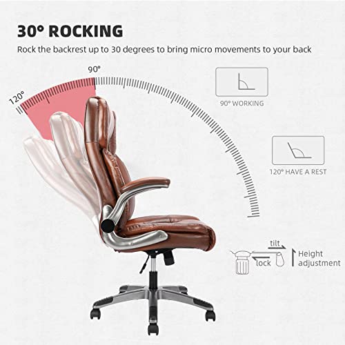 High Back Office Chair- Flip Arms Adjustable Leather Support Task Home Desk Chairs, Executive Computer Desk Chair Work Chairs, Thick Padded Strong Metal Base, Ergonomic Design for Back Pain