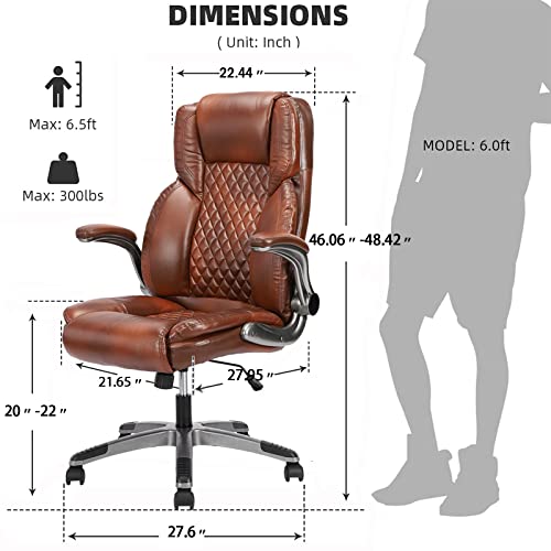 High Back Office Chair- Flip Arms Adjustable Leather Support Task Home Desk Chairs, Executive Computer Desk Chair Work Chairs, Thick Padded Strong Metal Base, Ergonomic Design for Back Pain