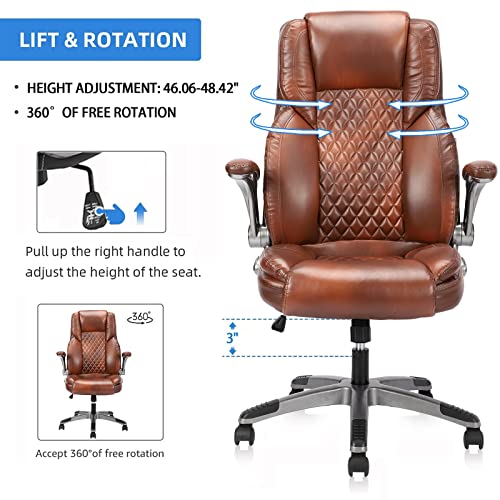 High Back Office Chair- Flip Arms Adjustable Leather Support Task Home Desk Chairs, Executive Computer Desk Chair Work Chairs, Thick Padded Strong Metal Base, Ergonomic Design for Back Pain