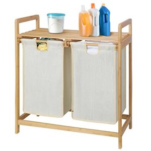 bellzacasa bamboo laundry hamper shelf 2 section hamper laundry basket bamboo laundry organizer with 2 removable beige liner bag for bathroom living room bedroom