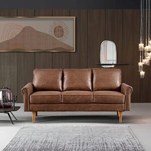 xizzi mid-century modern sofa 3-seat couch with rolled arm and wood grain legs for living room,74" w dark brown