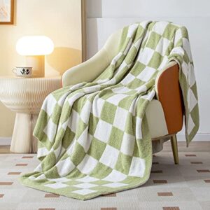searoomy soft throw blanket checkerboard lightweight reversible plaid fuzzy cozy microfiber knit checkered blanket for couch bed decor gift(sage green, 51×63in)