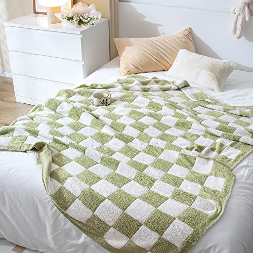 SeaRoomy Soft Throw Blanket Checkerboard Lightweight Reversible Plaid Fuzzy Cozy Microfiber Knit Checkered Blanket for Couch Bed Decor Gift(Sage Green, 51×63in)