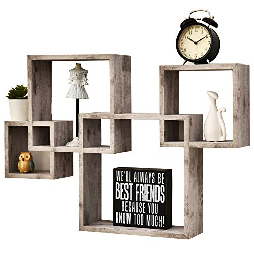 Greenco Corner Shelf, 5 Tier Floating Shelves for Wall, Easy-to-Assemble Wall Mount Corner Shelves Rustic White Finish & Natural Wood Floating Cube Shelves -Set of 4 Box Shelves