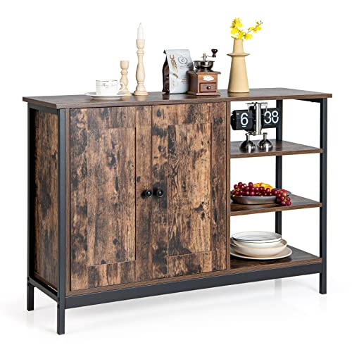 GOFLAME Buffet Storage Cabinet, Industrial Sideboard Cabinet with 2 Doors, Adjustable Shelf & 3-Tier Rack, Freestanding Coffee Bar Cabinet for Kitchen, Living Room, Rustic Brown