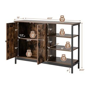 GOFLAME Buffet Storage Cabinet, Industrial Sideboard Cabinet with 2 Doors, Adjustable Shelf & 3-Tier Rack, Freestanding Coffee Bar Cabinet for Kitchen, Living Room, Rustic Brown