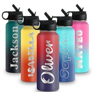 personalized water bottles for kids, 18 oz custom name water bottle with straw, insulated stainless steel reusable waterbottle gifts for school girls boys men women - ombre color