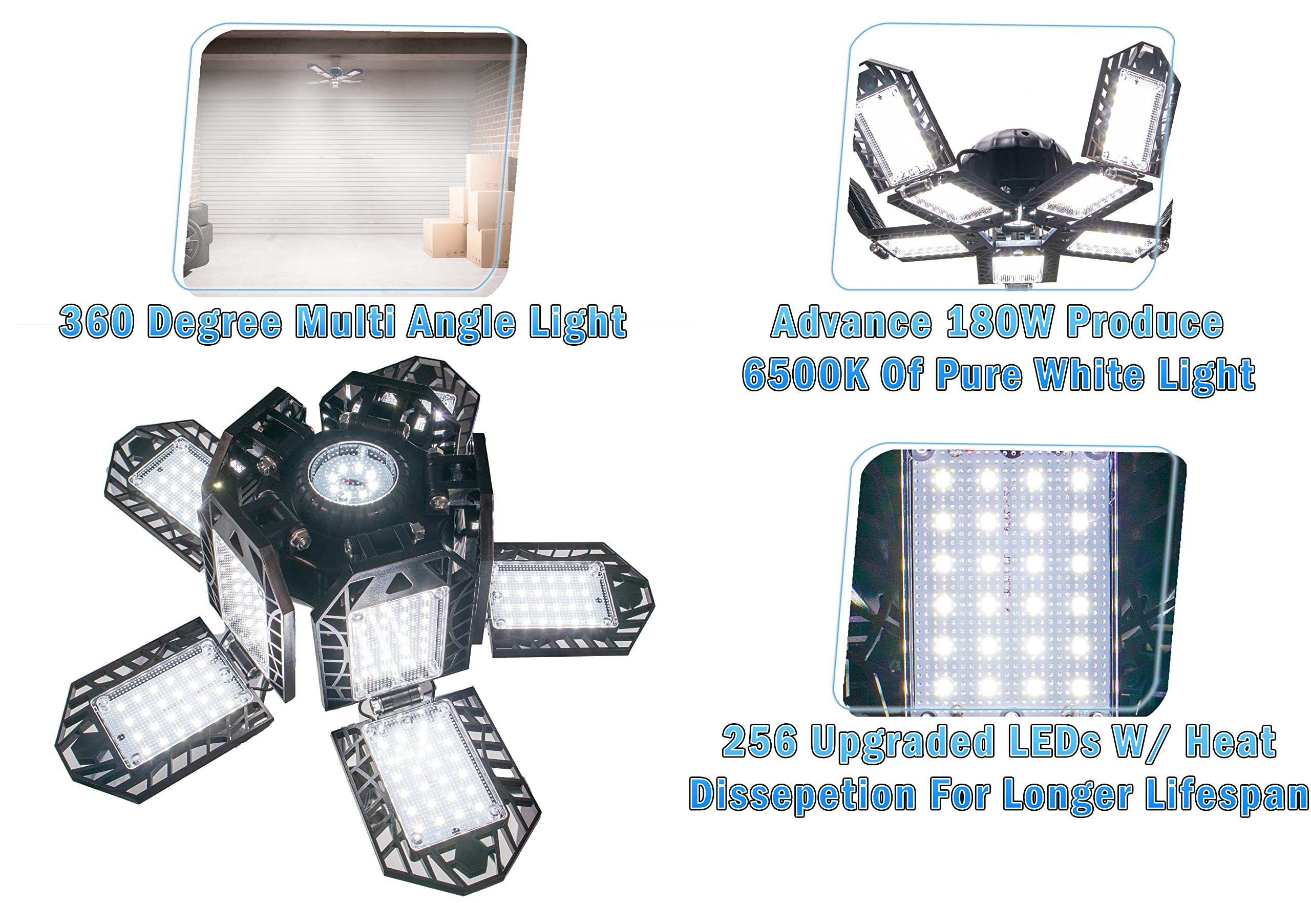 10 LED Leaf Deformable Panel Ceiling Light - 256 LEDs Ultra Bright Adjustable Garage, Workshop, Basement Light - Screws Into Existing Light Bulb Sockets E26/E27 - 150W Pure White 6500K - 10000 Lumens