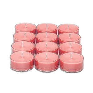 partylite tealight candles, fragranced colored wax with clear container, 12 pack tea lights, made in the usa (rose vetiver)