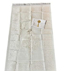 islamic prayer mat, turkish prayer rug with pouch and ornament sealing, portable prayer mat with handy pouch, islamic carpet pad ideal for travelling (44" x26” with free tasbeeh) (white)