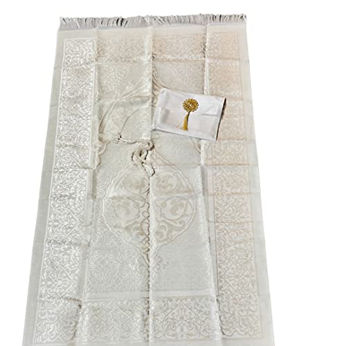 Islamic Prayer Mat, Turkish Prayer Rug with Pouch and Ornament Sealing, Portable Prayer Mat with Handy Pouch, Islamic Carpet Pad Ideal for Travelling (44" x26” with Free Tasbeeh) (White)
