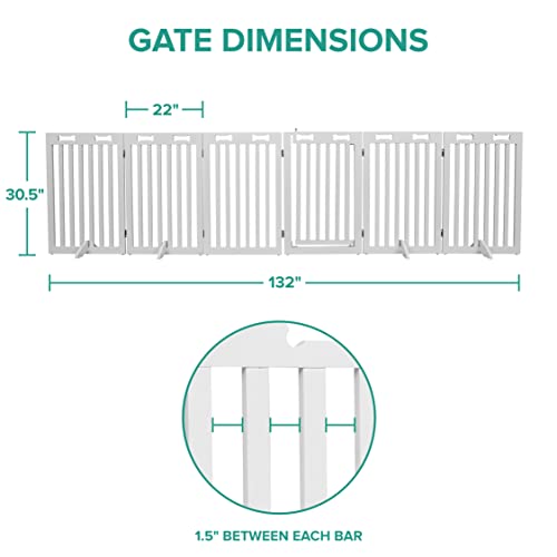 Arf Pets Freestanding Dog Gate with Door, 6 Panel 360° configurable Wooden Fence, 120" Wide, 31.5" Tall, Foldable, Four Support Feet Included, for The House - Indoor Use