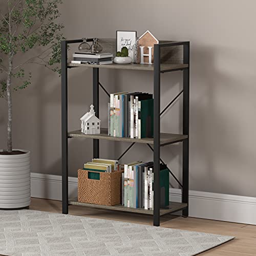 FSSunit Bookcase 3-Tier Industrial Bookshelf Open Wood Shelving Unit with Metal Frame for Living Room