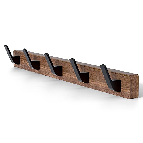 IURRDOP Black Walnut Wood Wall Mount Coat Rack with 5 Hooks,  Adhesive Mounted Rustic Decorative Entryway Hooks, Mid Century Modern Natural Wooden Pegs for Hanging Coat Clothes Hat Bag Purse and Towel