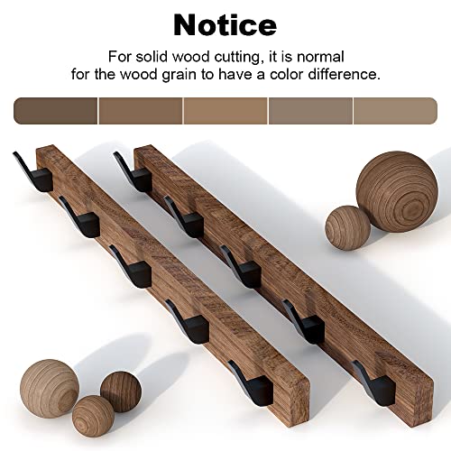 IURRDOP Black Walnut Wood Wall Mount Coat Rack with 5 Hooks,  Adhesive Mounted Rustic Decorative Entryway Hooks, Mid Century Modern Natural Wooden Pegs for Hanging Coat Clothes Hat Bag Purse and Towel