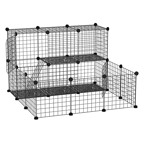 PawHut 2-Tier Foldable Metal Small Animal Playpen Pet Fence with Reshaping Customizable Design, Large Guinea Pig Cage, Bunny Rabbit Cage, and Chinchilla Cage, C&C Cage and Metal Playpen with Mats