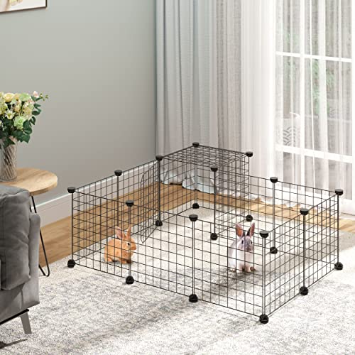 PawHut 2-Tier Foldable Metal Small Animal Playpen Pet Fence with Reshaping Customizable Design, Large Guinea Pig Cage, Bunny Rabbit Cage, and Chinchilla Cage, C&C Cage and Metal Playpen with Mats