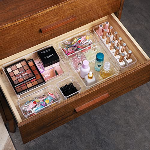 Cq acrylic 16-Piece Clear Plastic Drawer Dividers Organizer Tray for Makeup,Kitchen Utensils,Jewelries and Gadgets,5 Sizes Plastic Vanity Drawer Organizers and Storage Bins Clear
