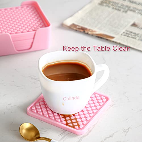 Colinda Silicone Drink Coasters with Holder, Set of 6, for Tabletop Protection and Office Desk, Cup Mat Set for Home Decor, Non-Slip and Non-Stick,Square, 4 Inch,Turquoise