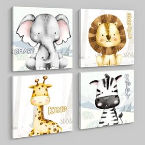 creoate kids room decor wall art, 4 pieces cute animal picture with inspirational quotes canvas print artwork framed set adorable nursery wall art for kid baby child room (12x12 inch x4pcs)