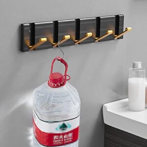 maifey Wall Coat Rack with 5 Folding Hooks, Modern Black Gold Coat Hooks Wall Mounted, Space Saving Wall Mount Coat Rack for Entryway, Bedroom, Wall, Door, Mudroom