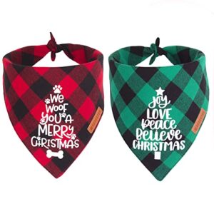 adoggygo christmas dog bandanas, classic plaid dog christmas scarf bib, multiple sizes offered, woof you merry christmas bandanas for large x-large dogs pets (x-large, red&green-3)