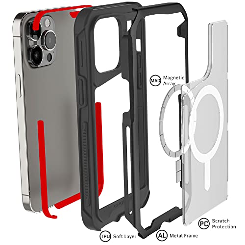Ghostek ATOMIC Slim MagSafe iPhone 14 Pro Max Case - Military Grade Aluminum Bumper, Clear Back Cover (6.7-inch, Black)