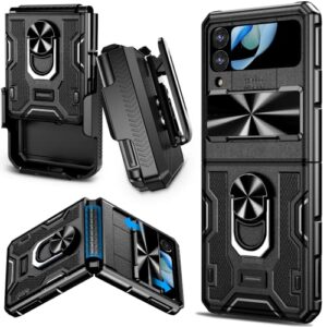 vego for samsung galaxy z flip 4 case with slide camera cover, hinge protection case with 360°ring magnetic kickstand & belt clip holster heavy duty protective armor case for galaxy z flip 4 - black
