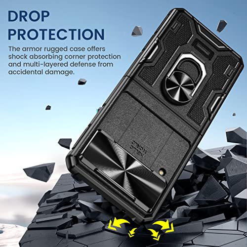 VEGO for Samsung Galaxy Z Flip 4 Case with Slide Camera Cover, Hinge Protection Case with 360°Ring Magnetic Kickstand & Belt Clip Holster Heavy Duty Protective Armor Case for Galaxy Z Flip 4 - Black