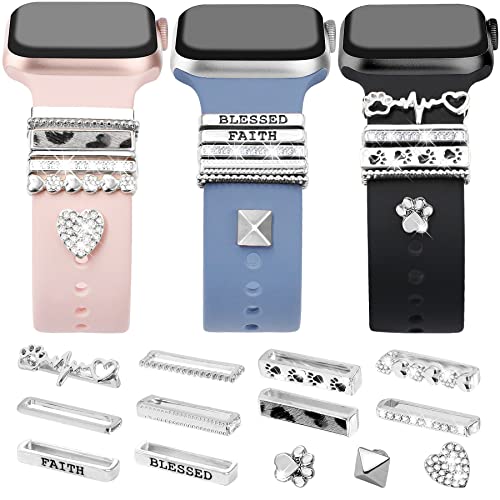 JR.DM 13 Pieces Silver Watch Band Charms with 10-Pcs Decorative Rings Loops & 3-Pcs Classic Clasp, Compatible with Apple Watch 38mm 40mm 41mm 42mm 44mm 45mm Metal Diamond Sliding Strap Accessories for iWatch Series 9 8 7 6 5 4 3 2 1 (No Watch Band)