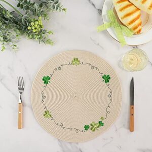 Feuille Round St Patricks Day Placemats Set of 4 PP Shamrock Placemats for Dining Table St Patrick Table Mats Green Embroidery Perfect for St Patricks Day Decorations