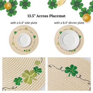 Feuille Round St Patricks Day Placemats Set of 4 PP Shamrock Placemats for Dining Table St Patrick Table Mats Green Embroidery Perfect for St Patricks Day Decorations